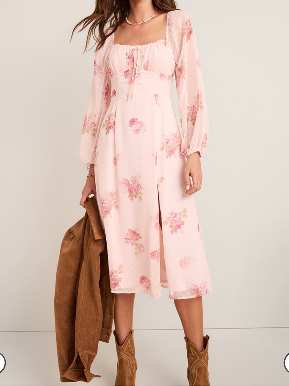 Francesca's Collections Pink Floral Square-Neck Midi Dress